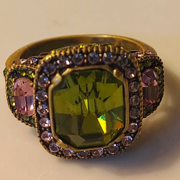 Heidi Daus Princess Ring Square Gorgeous Green and Pink Rhinestones Stock Out